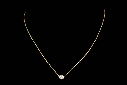 New 14K Gold .16 Carat Round Brilliant Diamond Bezel Set Pendant Necklace - Queen May