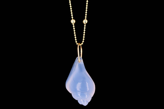 New 14K Yellow Gold Blue Chalcedony Shell Pendant Necklace - Queen May