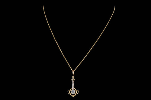 Art Deco 14K Gold .43 Carat Round Aquamarine Pendant Necklace - Queen May