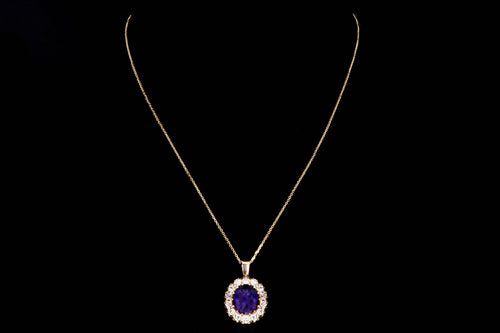 Modern 14K Yellow Gold 3.28 Carat Oval Amethyst & Diamond Halo Pendant Necklace - Queen May