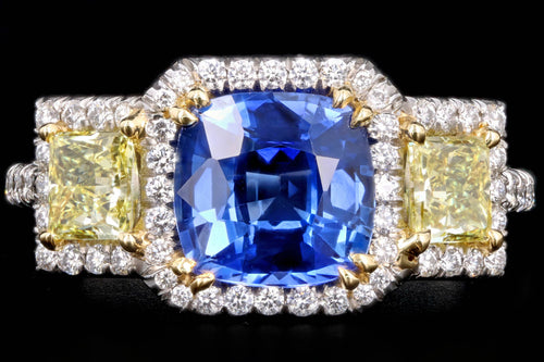 Modern Platinum 2.05 Carat Cushion Cut Sapphire & Fancy Yellow Diamond Ring - Queen May