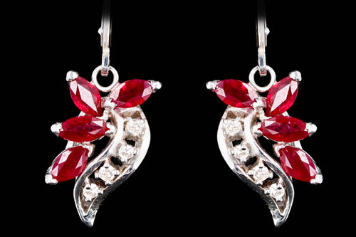 Retro 14K White Gold Natural Ruby & Diamond Drop Earrings - Queen May