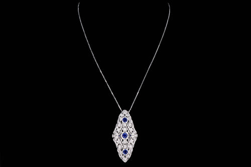 Art Deco Platinum 2.30 Carat Synthetic Sapphire & Diamond Pendant Necklace - Queen May