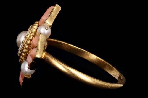 Vintage 18K Yellow Gold Angel Skin Coral & Pearl Conversion Ring - Queen May