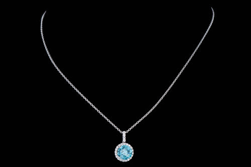 New 14K White Gold 2.43 Carat Blue Zircon & Diamond Halo Pendant Necklace - Queen May