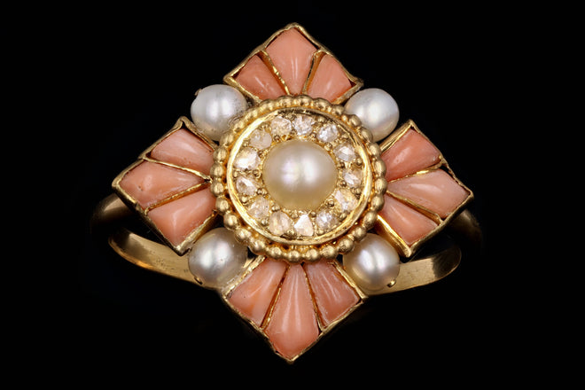 Vintage 18K Yellow Gold Angel Skin Coral & Pearl Conversion Ring - Queen May