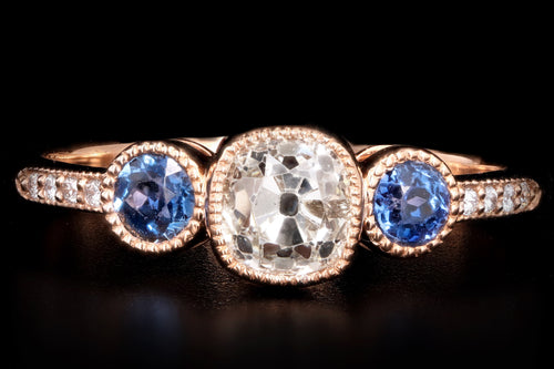 New 18K Rose Gold .81 Carat Old Mine Diamond & Yogo Gulch Sapphire Ring - Queen May