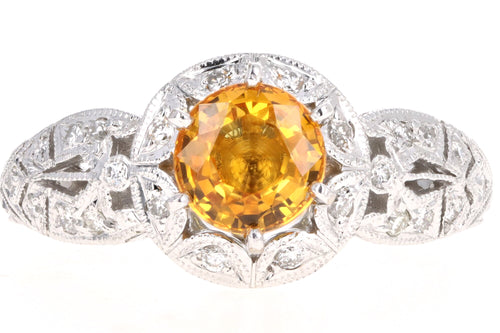Modern 18K White Gold 1 Carat Natural Orange Sapphire & Diamond Ring - Queen May