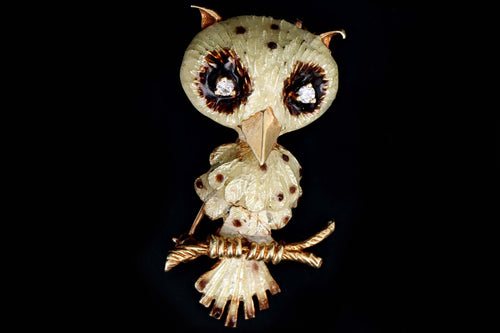 Vintage 14K Yellow Gold & Enamel Diamond Owl Brooch - Queen May
