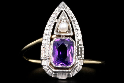 Art Deco 14K Yellow & White Gold Amethyst Stick Pin Conversion Ring - Queen May