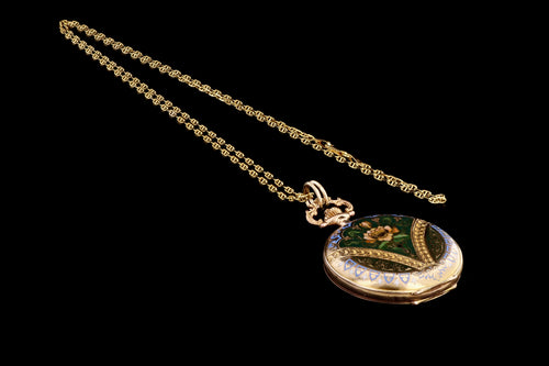 Antique 14K Yellow Gold Enamel & Rose Cut Diamond Pocket Watch Conversion Locket Pendant Necklace - Queen May