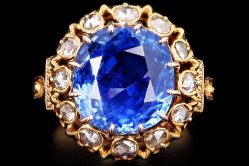 Victorian 18K Yellow Gold Untreated 10.73 Carat Cornflower Blue Burma No Heat Sapphire & Diamond Ring SSEF Certified - Queen May