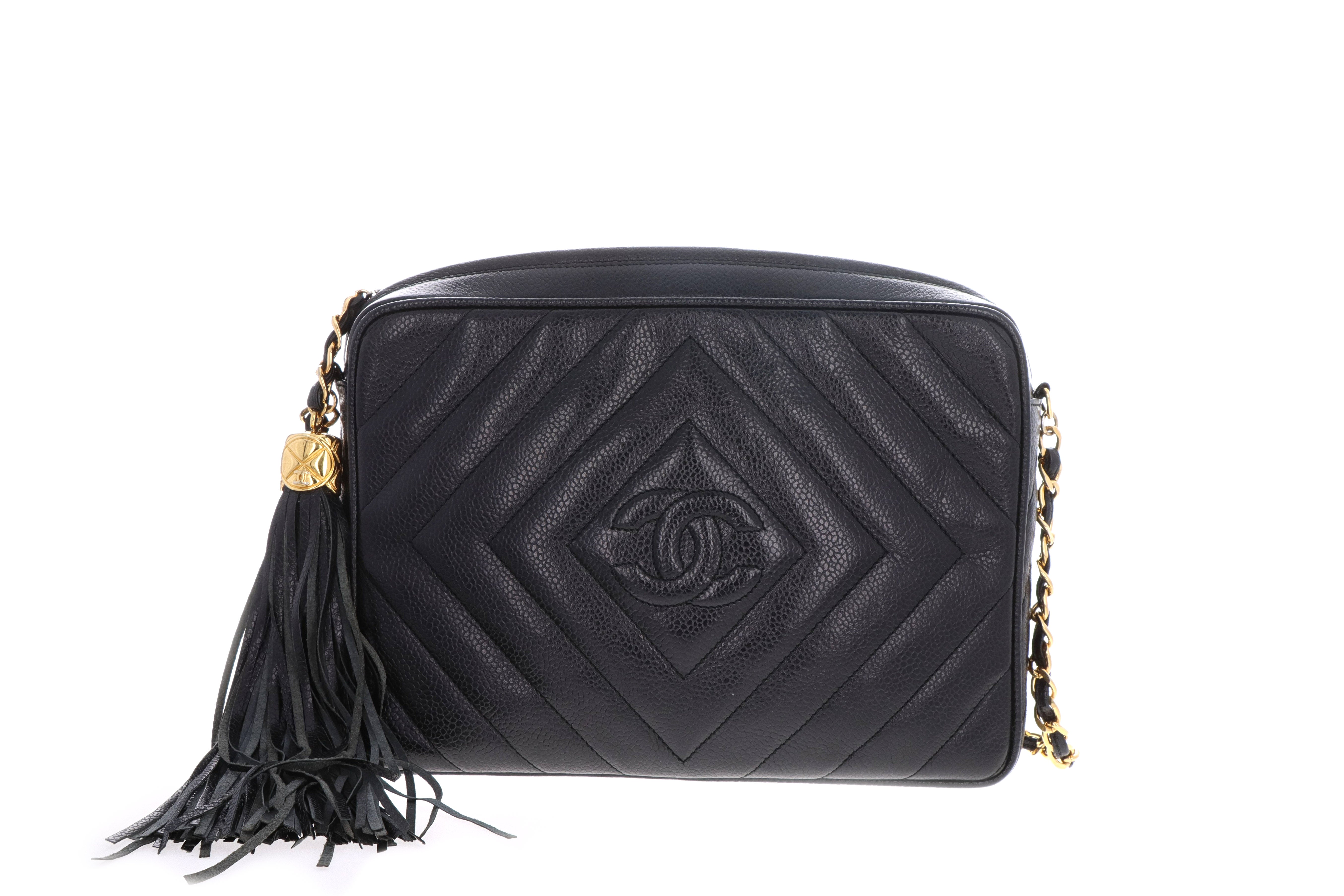 Chanel Black Chevron Leather Vintage Tassel Camera Shoulder Bag
