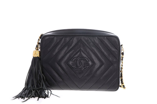 Chanel Black Caviar Chevron Quilted Classic Camera Bag W/ Tassel – QUEEN MAY