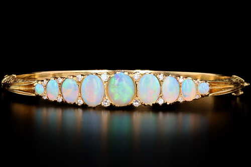 Victorian Inspired 18K Yellow Gold Natural Opal & Diamond Bangle - Queen May