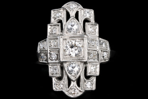 Art Deco Platinum .50 Carat Total Weight Old European Cut Diamond Shield Ring - Queen May