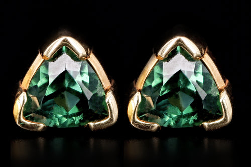 Modern 14K Yellow Gold .70 Carat Trillion Cut Green Tourmaline Stud Earrings - Queen May