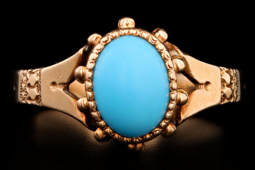 Victorian 10K Yellow Gold Oval Cabochon Cut Imitation Turquoise Ring - Queen May