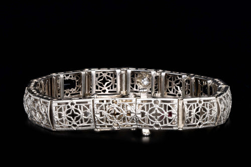 Art Deco 14K White Gold Old European Cut Diamond & Synthetic Sapphire Filigree Bracelet - Queen May