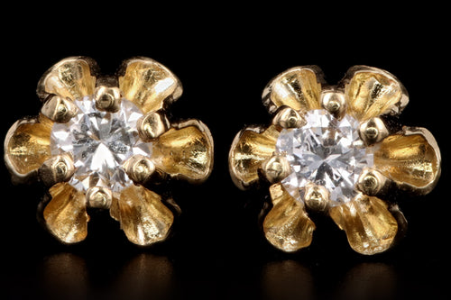 Vintage 14K Yellow Gold .10 Carat Total Weight Round Brilliant Cut Diamond Belcher Mounted Stud Earrings - Queen May
