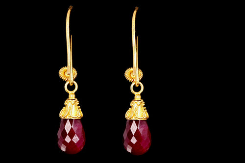 Vintage 22K Yellow Gold Briolette Cut Natural Ruby Drop Earrings - Queen May