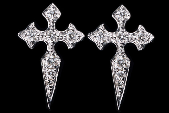 14K White Gold .13 Carat Total Weight Diamond Cross Stud Earrings - Queen May