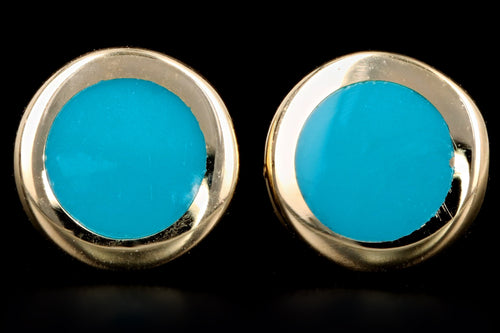 New 14K Yellow Gold Turquoise Blue Enamel Round Stud Earrings - Queen May