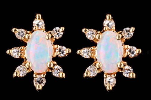 Vintage 14K Yellow Gold Natural Opal & Diamond Halo Stud Earrings - Queen May
