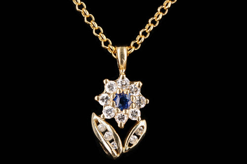 Vintage 14K Yellow Gold Sapphire & Diamond Flower Pendant Necklace - Queen May