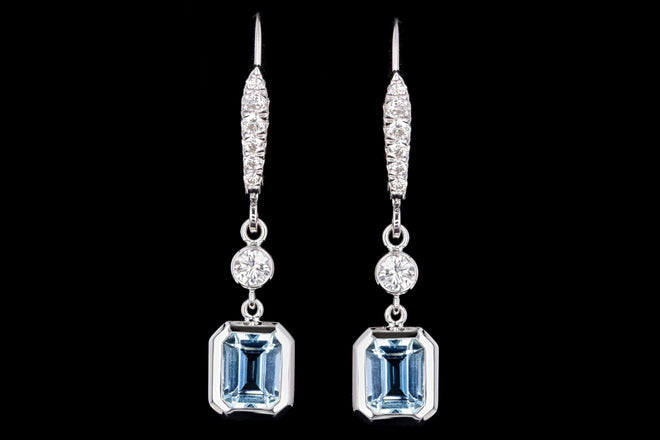 18K White Gold 2.12 Carat Emerald Cut Aquamarine & Diamond Drop Earrings - Queen May