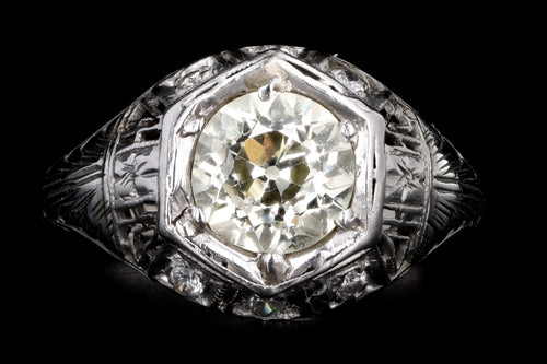 Art Deco 18K White Gold 1.32 Carat Old European Cut Light Yellow Diamond Engagement Ring - Queen May