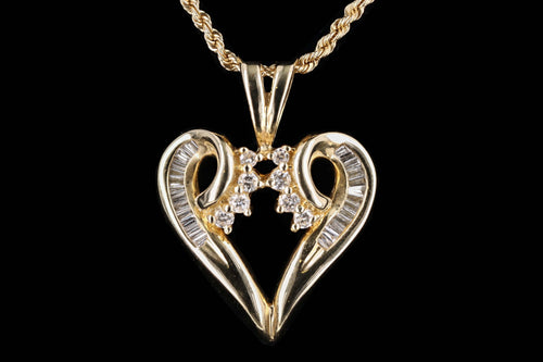 Vintage 14K Yellow Gold Baguette Diamond Heart Pendant Necklace - Queen May