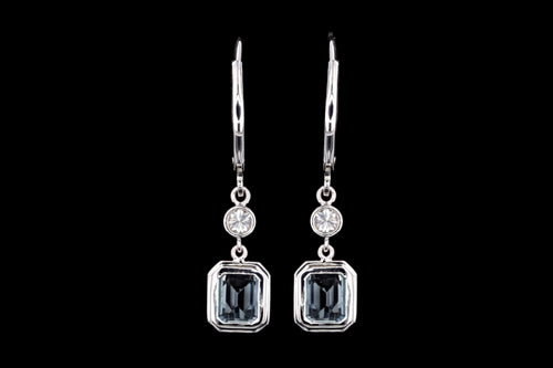 18K White Gold 2.12 Carat Emerald Cut Aquamarine & Diamond Drop Earrings - Queen May