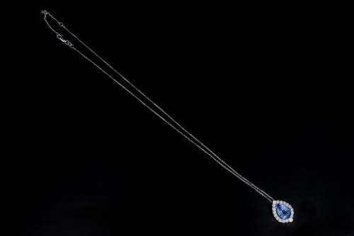New 14K White Gold 7.23 Carat Natural Ceylon Sapphire & Diamond Halo Pendant Necklace GIA Certified - Queen May