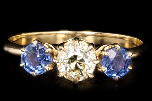 New Vintage Inspired 18K Yellow Gold Light Yellow Old European Cut Diamond & Sapphire Ring - Queen May