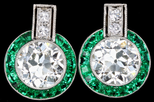 Art Deco Platinum Old European Cut Diamond & Emerald Stud Earrings - Queen May