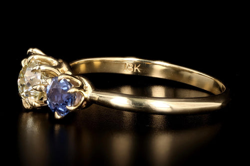 New Vintage Inspired 18K Yellow Gold Light Yellow Old European Cut Diamond & Sapphire Ring - Queen May