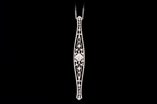 Art Deco Platinum & 14K Yellow Gold .14 Carat Old European Cut Diamond Bar Pin Conversion Pendant Necklace - Queen May