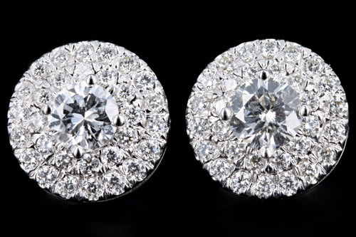 New 18K White Gold .95 Carat Total Weight Round Brilliant Cut Diamond Double Halo Stud Earrings - Queen May