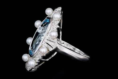 Modern 14K White Gold 4.50 Carat Blue Topaz & Cultured Pearl Ring - Queen May