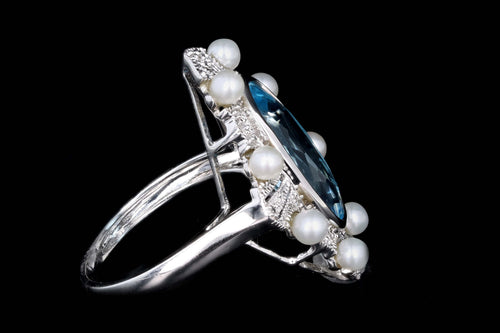 Modern 14K White Gold 4.50 Carat Blue Topaz & Cultured Pearl Ring - Queen May