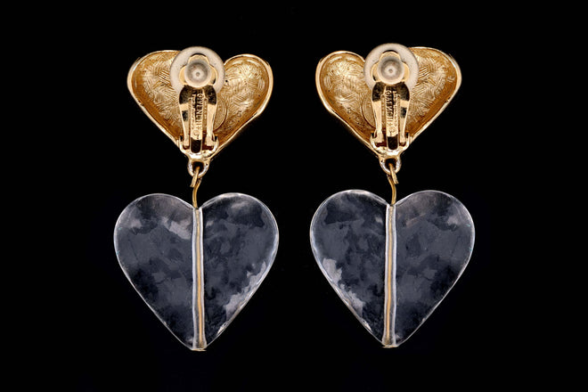 Vintage Givenchy Double Heart Gold Tone Lucite Clip- On Earrings - Queen May