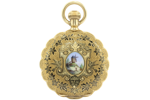 18K Gold Enamel 1883 pocket Watch by Western Watch Case Rockford Movement - Queen May