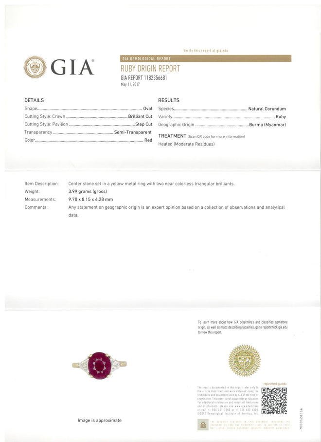 2.75 Carat Burma Ruby & Trillion Cut Diamond 18K Gold Engagement Ring GIA Cert - Queen May