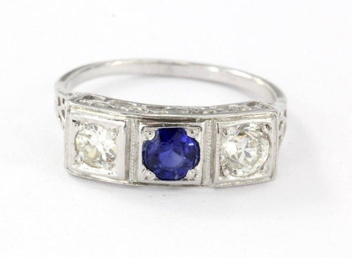 Antique Platinum Old Mine Cut Diamond & Sapphire Engagement Ring 1 CTTW Size 6.5 - Queen May