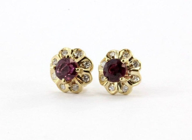 Antique 14K Gold Red Spinel & Diamond Earring Posts - Queen May