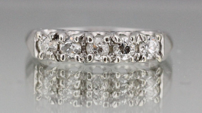 Antique Art Deco 14K White Gold & Old European Cut Diamond Ring / Wedding Band 3/4 TCW - Queen May