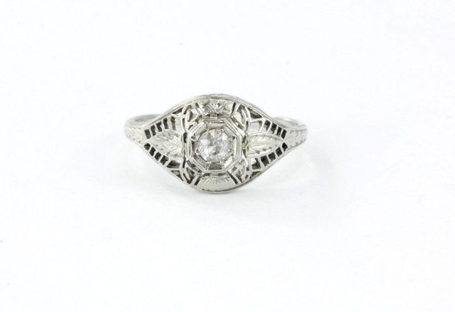 Antique Art Deco 20K White Gold & Old Mine Diamond Engagement Ring - Queen May