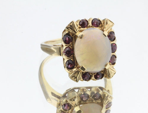 Vintage Art Deco 14K Gold Hand Chased Opal & Pink Tourmaline Ring Hallmarked - Queen May