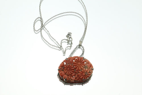 Antique Walter Lampl Art Deco Carved Coral & Sterling Silver Floral Necklace - Queen May